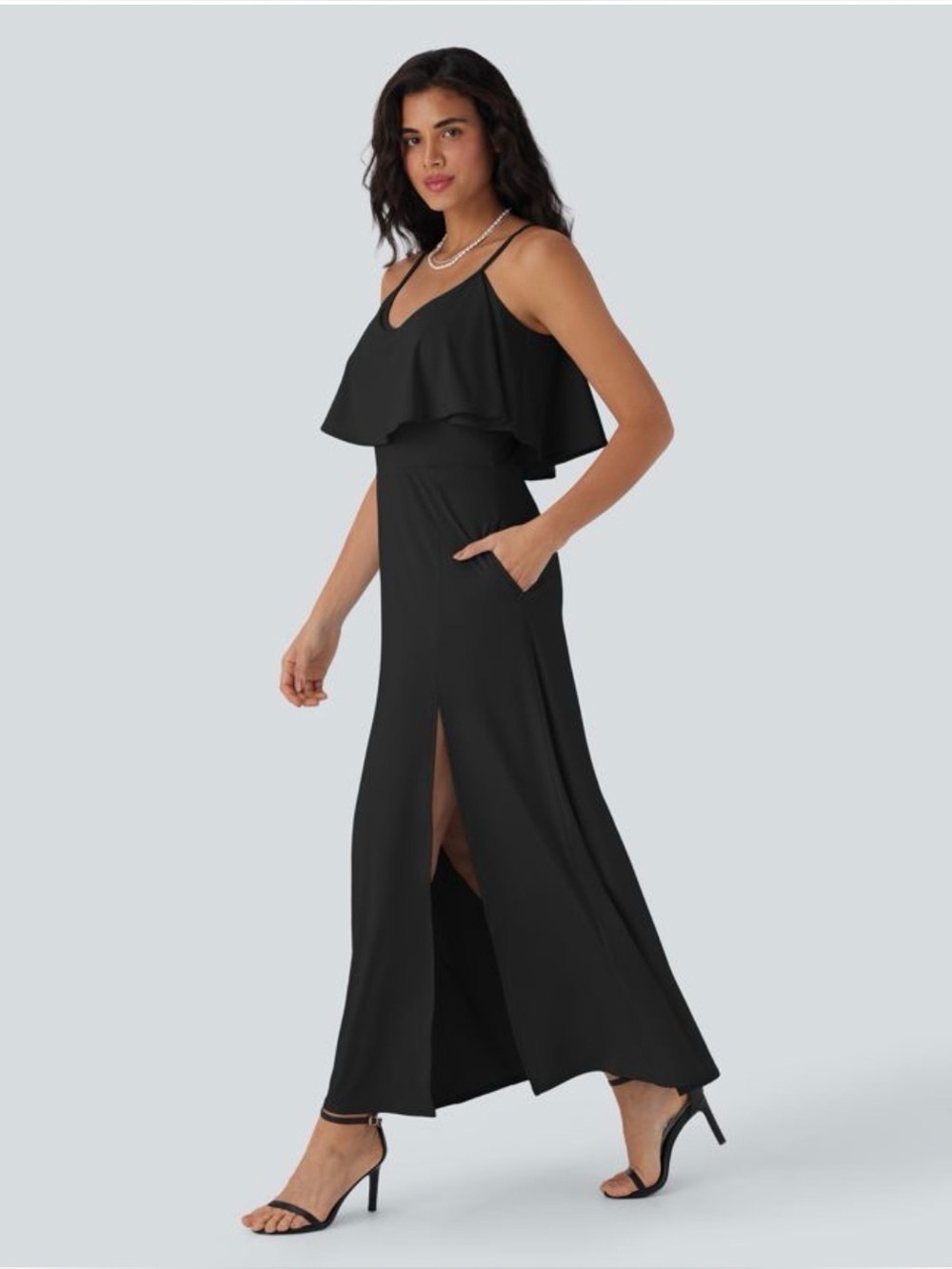 HALARA Women’s Black Ruffle Popover Cold Shoulder Maxi Dress Size L NEW
